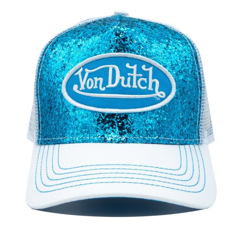 VON DUTCH BLUE TEAL SEQUIN TRUCKER CAP HAT OS